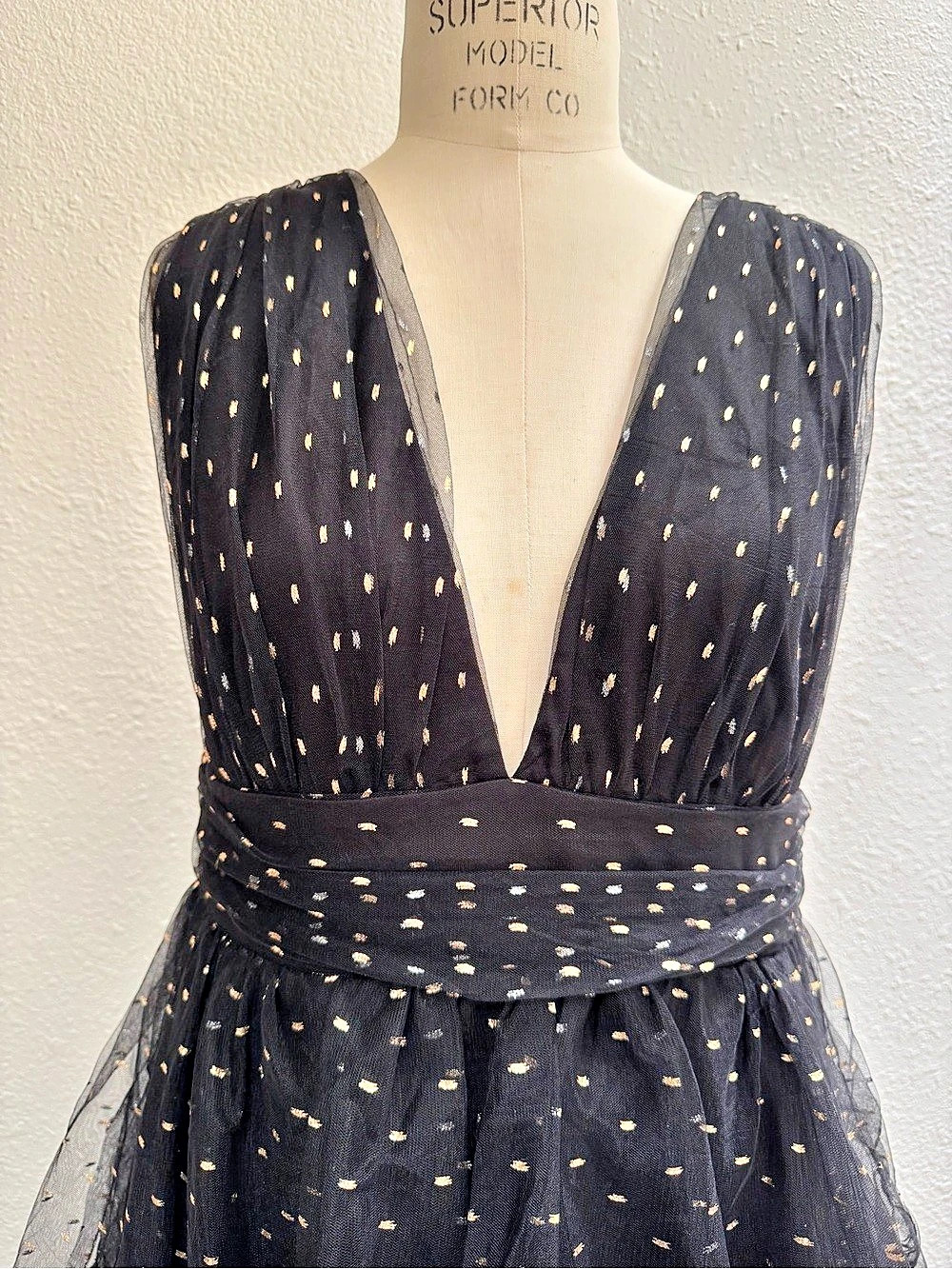 Lulus Decadent Impression Black Tulle Tiered Shiny Dot Midi Dress & Gold Tulle - Picture 5 of 9